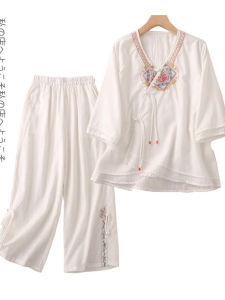 Chinese Style V-Neck Gown with Button Detail Cotton Linen Wide Leg Pants Two-Piece Set Womens Fashion Summer Casual Wear