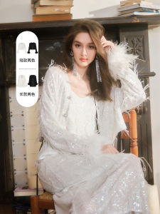 Designer FLO NAKED White Galaxy Sequin Ostrich Feather Loose Knitted Outerwear V-neck Long Sleeve Button-up Cardigan