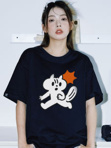 Áo Thun Tay Ngắn Màu Đen Cho Nữ Mùa Hè Phong Cách Hàn Quốc Đa Năng in Họa Tiết Hoạt Hình Cổ Tròn Tay Thường