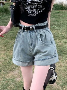 High Waist Denim Shorts Women Summer Thin Retro Cuffed Slim A-Line Wide Leg Hot Pants High Waist Cotton Polyester Blend Shorts