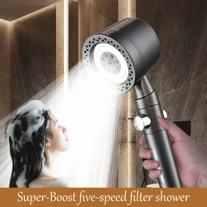 High Pressure Water Saving Filter Shower Head 5 Modes Handheld Shower Head One Button Stop Bathroom Accessories Set