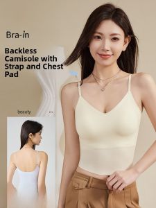 Miiow | Ice Silk Strap Vest Womens Summer Thin Style No Sleeve Top Bra Pad Built-in Seamless Backless Tank Top For Outerwear