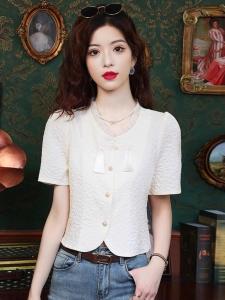 NUANKONG | Chinese Style Round Ear Collar Short Vintage Buttons Brocade Concealing Belly Blouse