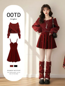 NUMEN BUTTON | Youthful Cute Style Large Size Womens Red Sweater and Dress Set
