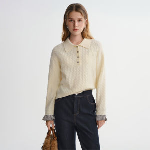 DUSHU | Polo Neck Plaid Stitched Cable Knit Sweater