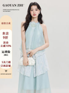 Elegant High Waist A-Line Dress Blue Summer New Style French Style Necklace Womens Two-Piece Set Fairy like Beach Vacation