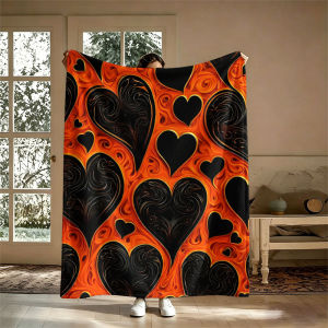 Ornate Hearts Orange Black Flannel Blanket Perfect for Sofa Office Bed Travel Sleep Read Relax Camping Four Season Use