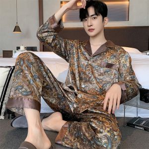 ชุดนอนผู้ชายผ้าไหมน้ำแข็งแขนยาว กางเกงขายาว ชุดอยู่บ้านฤดูร้อน ฤดูใบไม้ร่วง ชุดนอนผ้าไหมน้ำแข็ง ผ้าไหมน้ำแข็ง ผ้าไหม แขนยาว กางเกงขายาว