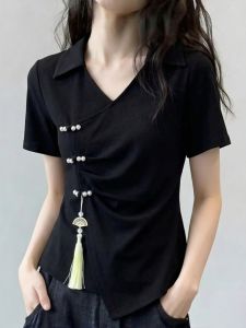 Slim Fit Plus Size Chinese Style Crossed V-neck T-shirt