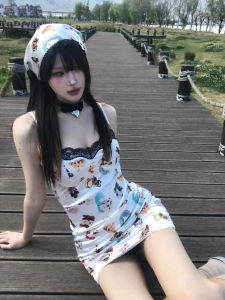 Original Spicy Girl Dog Print Wrap around Mini Dress Visual Dopaamine Pure Desire Style Strapless Skirt for Women Summer Spring