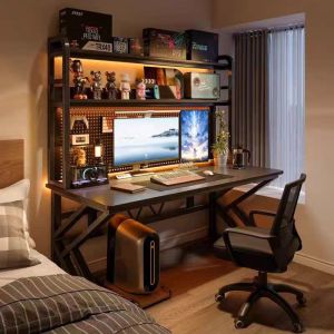TABLETROVE Gaming Table Solid Wood Computer Desk Storage Table With Pegboard Home Office Ergonomic