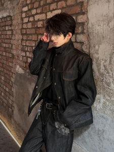 ZHUOCAN | Black Denim Mens Jacket Short Collar