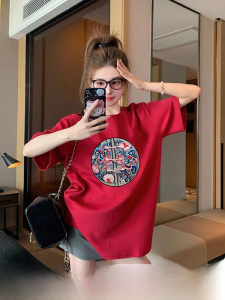 Red New Chinese Style Loose Short Sleeve T-Shirt Womens Summer Trendy Design Large Size Top Cotton Korean Version Printed