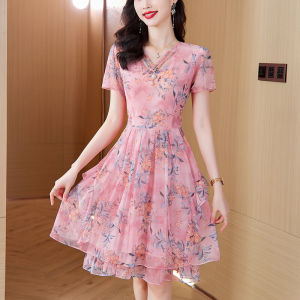 Summer New Style Womens Fashion Short Sleeve Floral Print Chiffon Dress Slimming Mommy Clothes Elegant Midi Skirt V-Neck A-Line