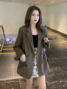 Áo Khoác Vest Nữ Dáng Rộng Màu Nâu Thanh Lịch Áo Sơ Mi Dài Tay Màu Trơn Cổ Vest Nút Đôi Phong Cách Công Sở Mùa Thu