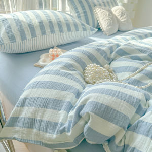 ชุดผ้าอัดชุดปลอกหมอนปลอกผ้านวม3/4in 1ผ้าปูเตียงลายทางชุดผ้าคลุมผ้านวมมีรอยเหี่ยวย่นมีสีเขียว/เหลือง/น้ำเงินเดี่ยว/ราชินี/คิงไซส์