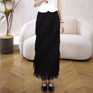 XIANGHOUMINCHU | Elegant Heavyweight Fringe Black Skirt