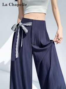 La Chapelle | Navy Lace Wide Leg Pants With Sash Lightweight High Waist Tencel Cotton Blend