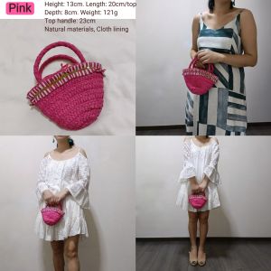 DaVee | Handmade woven mini straw handbag bucket bag retro pink woven bag yellow beach bag for children