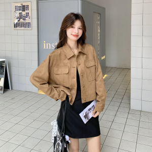Kaki Color Korean Style Short Suede Jacket Womens Fashionable Autumn New Arrival Pocket Design Slim Fit Ladies Coat
