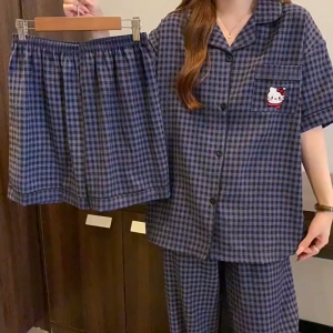 (SG Seller) Women Pajamas Set Cloud Cotton Loungewear Short sleeve Top + Long Pants + Shorts 3 Piece Set Casual Homewear