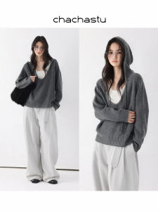 CHACHASTU | Áo Sweater Len Có Mũ Với Cổ U Sâu Và Thiết Kế Dây