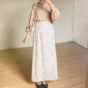 Rok Wanita Floral Skirt A-Line / Bahan Wool Peach Ad 2 Ukuran L-XL
