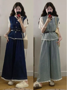 plus Size Womens Jeans Set Slimming A-Line Summer Fashion Three-Piece Suit Long Sleeve Short Sleeve round Neck Overhead Style