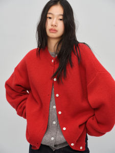 TDDP Basic Red Knitted Open Cardigan Sweater Womens Loose Lazy Style Simple Outerwear Spring Early New Arrival