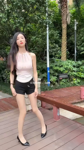 Áo Cổ Yếm Nữ Phối Lưới Màu Hồng Dáng Ôm Kiểu Hàn Quốc Mùa Hè