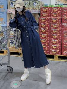 ชุดเดรสแขนยาวผ้าเดนิมทรงหลวมสไตล์เกาหลีสำหรับผู้หญิง ฤดูใบไม้ร่วง 2025 ชุดเดรสยาวทรงเอคอโปโลแขนยาวสีพื้น