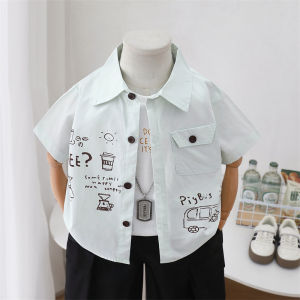 Boys White Short Sleeve Pure Cotton Casual Loose Thin Summer Shirt Childrens Car Coat 2-9 Years Old Comfortable Breathable Top