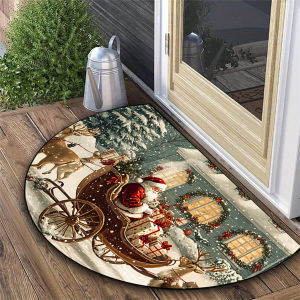 VIKAMA Christmas Theme Half Round Entry Rug Sleigh Reindeer Print Foyer Entryway Living Room Festive Decoration Home Floor Mat