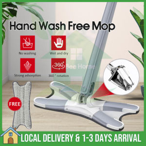 【Ready Stock】360° Adjustable X Shape Hand Free Lazy Mop Rotation Flat Mop Hands with Microfiber Fabric Mop Pad Cleaning Tools Mop Putar Lantai Pengelap