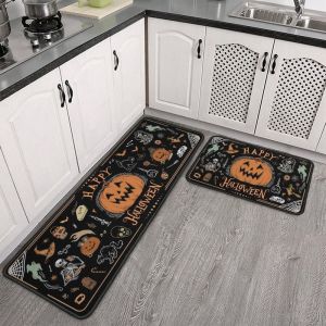 VIKAMA Halloween Kitchen Mat Set Black Cat Pumpkin Halloween Runner Mat Entryway Holiday Home Decor Aesthetic Art Premium
