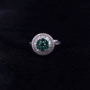 Cincin Zamrud Terkultur Kolombia Bersalut Emas 18K | Berlian Dual-Cut Halo & Desain Bunga Art Deco - Barang Kemas Mewah Eropah Boleh Ditindih Sesuai Harian ke Majlis