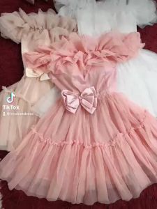 Đầm xoè ngắn dự tiệc cúp nhún lưới bẹt vai phối nơ eo TRIPBLE T DRESS - size M/L - MS382V