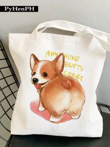 Corgi ผ้า/ผ้า/ผ้า/ผ้า/ผ้า/ผ้า/ผ้า/ผ้า/ผ้า/ผ้า/ผ้า/ผ้า/ผ้า/ผ้า/ผ้า/กระเป๋าขนาดใหญ่ความจุสุนัขการ์ตูนพิมพ์แม่เด็กกระเป๋าถือผ้าใบ Satchel Double Root ไหล่กระเป๋าสําหรับเยาวชน