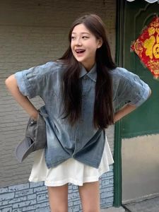 American Retro Washed Distressed Half Sleeve Denim Shirt Jacket Womens Summer Loose and Lazy Style Short Sleeve Shirt Tops