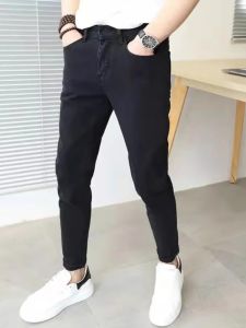 Black Slim Fit Nine-Tenths Jeans Mens Versatile New Korean Style Trendy Cotton Stretch Denim mid Waist Zipper Casual Youthful