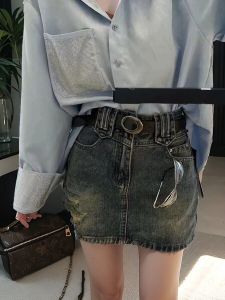 Retro High เอว เดนิม Mini กระโปรง ผู้หญิง ดีไซน์ Sensation ฝูงชนขนาดเล็กเผ็ด เด็กผู้หญิง ทรงเอ เดรสรัดรูป กระโปรงสั้น ครึ่งความยาว กระโปรง