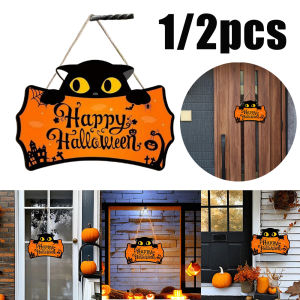1/2pcs Halloween Black Cat Hanging Ornament Tag With Rope Door Hanging Props Background Decoration For Wall Home Party Festival