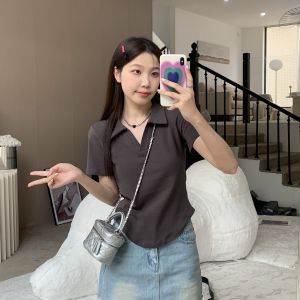 Plus Size Plus Size Ladies Work Clothing Pure Color Polo Collar Short Sleeve T-shirt Womens Summer French Minority Unique Chic Shoulder Tops