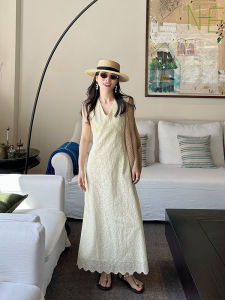 Golden Lace Embroidery Floral Trim Dress Slimming Waist Vest Long Skirt Light Yellow Cotton 100% Womens Fashion Summer 2025