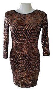 9997:เดรสปักเลื่อม ลายสีน้ำตาลทอง ปักบนผ้าตาข่าย ซับในผ้ายืดเนื้อนิ่ม Size S (34-26-38") :มือสอง