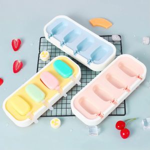 Khuôn Làm Kem Silicon 4 Que Cao Cấp Hình Thú Dễ Thương Có Nắp Đậy Và Que Nhựa Đi Kèm