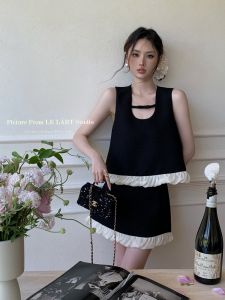 LELART ฤดูร้อนใหม่สไตล์ฝรั่งเศสหวานอเนกประสงค์ชุดแขนกุดลายดอกไม้ขอบเสื้อกล้ามเอวสูง A-Line กระโปรงมินิ