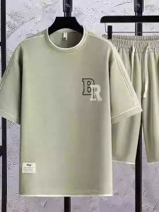 Ice Silk Mens Casual Sports Set Summer Letter Print Half Sleeve Short Shorts Two Piece Set T-Shirt Polyester Spandex Blend