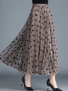 Womens A-Line Midi Skirt with Pleated Wave Design Half-length Elegant Drapey Gauze round Dot Pattern Commute High Waist