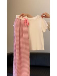 สไตล์เกาหลี Lazy ลายสก็อต กางเกง เสื้อยืดแขนสั้นสีชมพู ฤดูร้อน สินค้าใหม่ ทันสมัย เดินทางคอกลม ความหนาปกติ